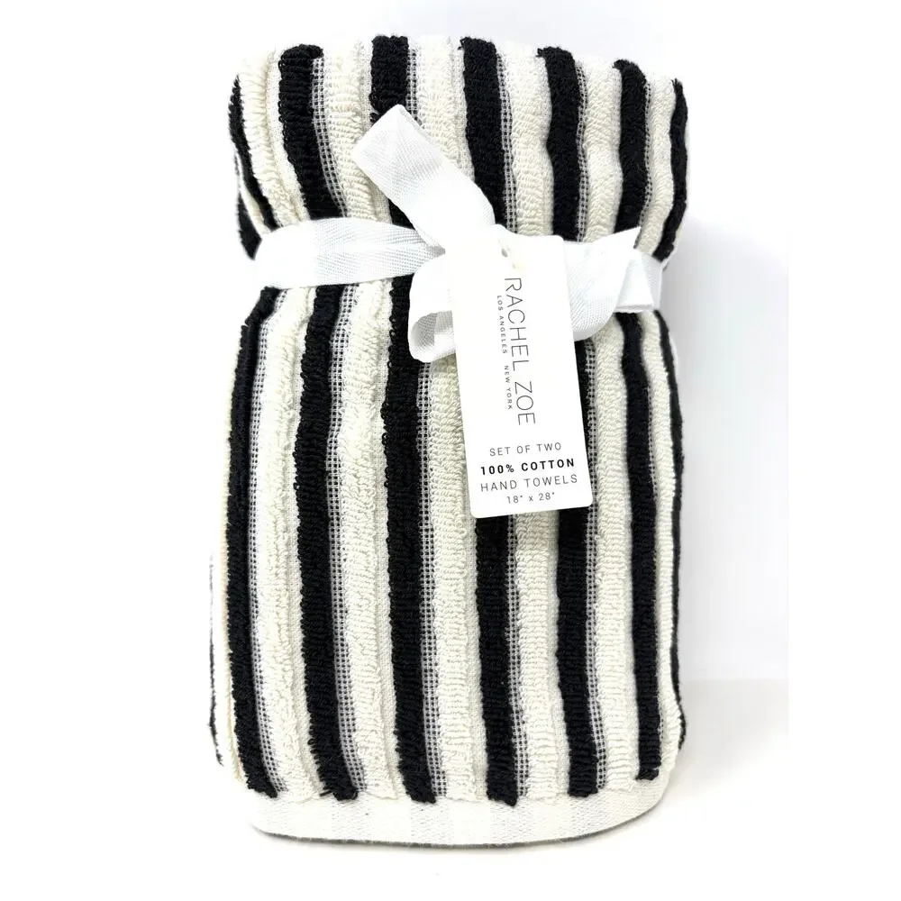 Rachel Zoe Black Ivory Off White Stripes Hand Towels 18x28” Plush NWT 2